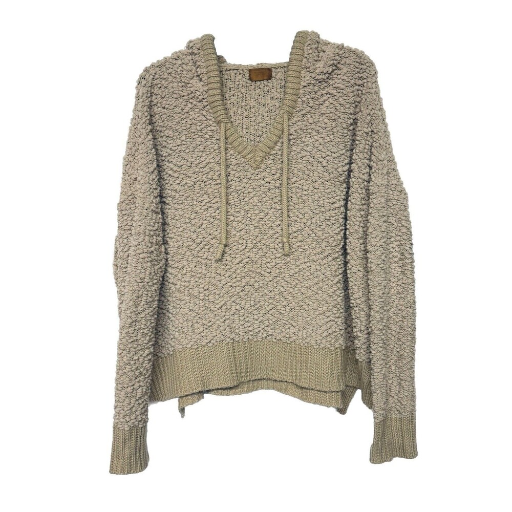POL Women's Popcorn Chenille Hooded Sweater Tan Chunky Size Medium w Stretch